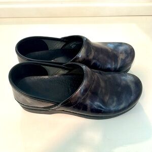 Dark blue and black Dansko clogs